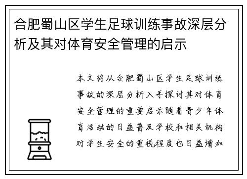 合肥蜀山区学生足球训练事故深层分析及其对体育安全管理的启示